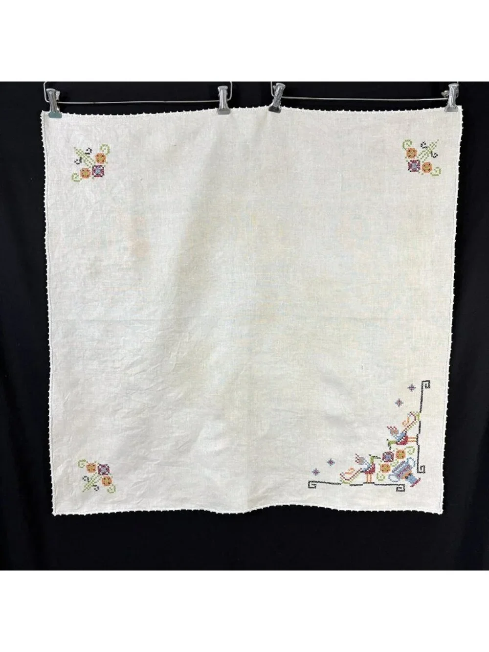 Embroidered Tablecloth Cross Stitch Design Flowers Birds Square Vintage 1950s